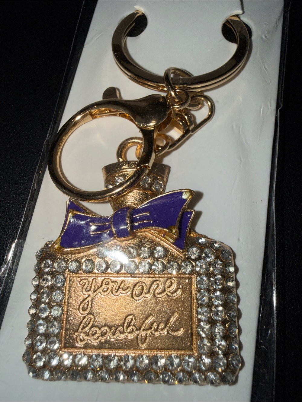 Gold Perfume Bottle Key & Card Holder Charm with Purple Bow
